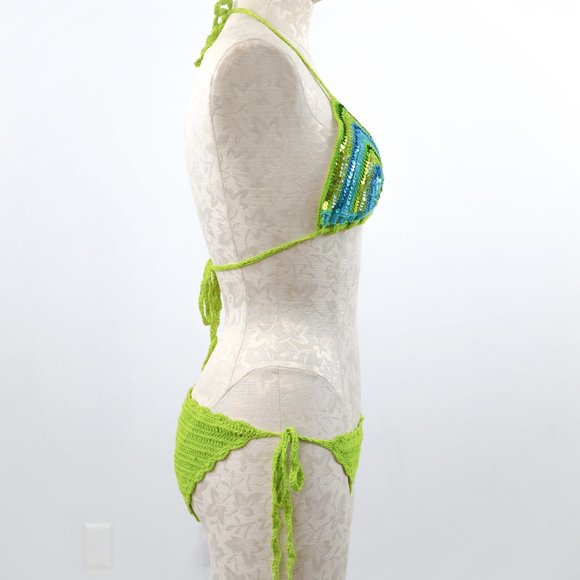 Luxury Handmade S Crochet Sequin Bikini Green - Picture 5 of 13